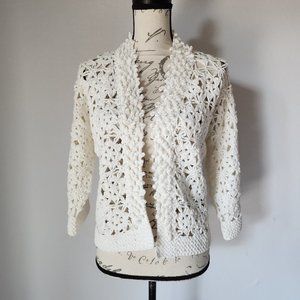 HAIKU Crochet Open Front Cardigan 3/4 Sleeve 100% Cotton White
